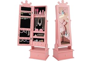 HONEY JOY Kids Jewelry Armoire Cabinet, 2-Angle Tilting Wooden Standing Jewelry Organizer with Full-length Mirror and Storage Drawers, Children Dress Up Jewelry Cabinet for Little Girls (Pink)