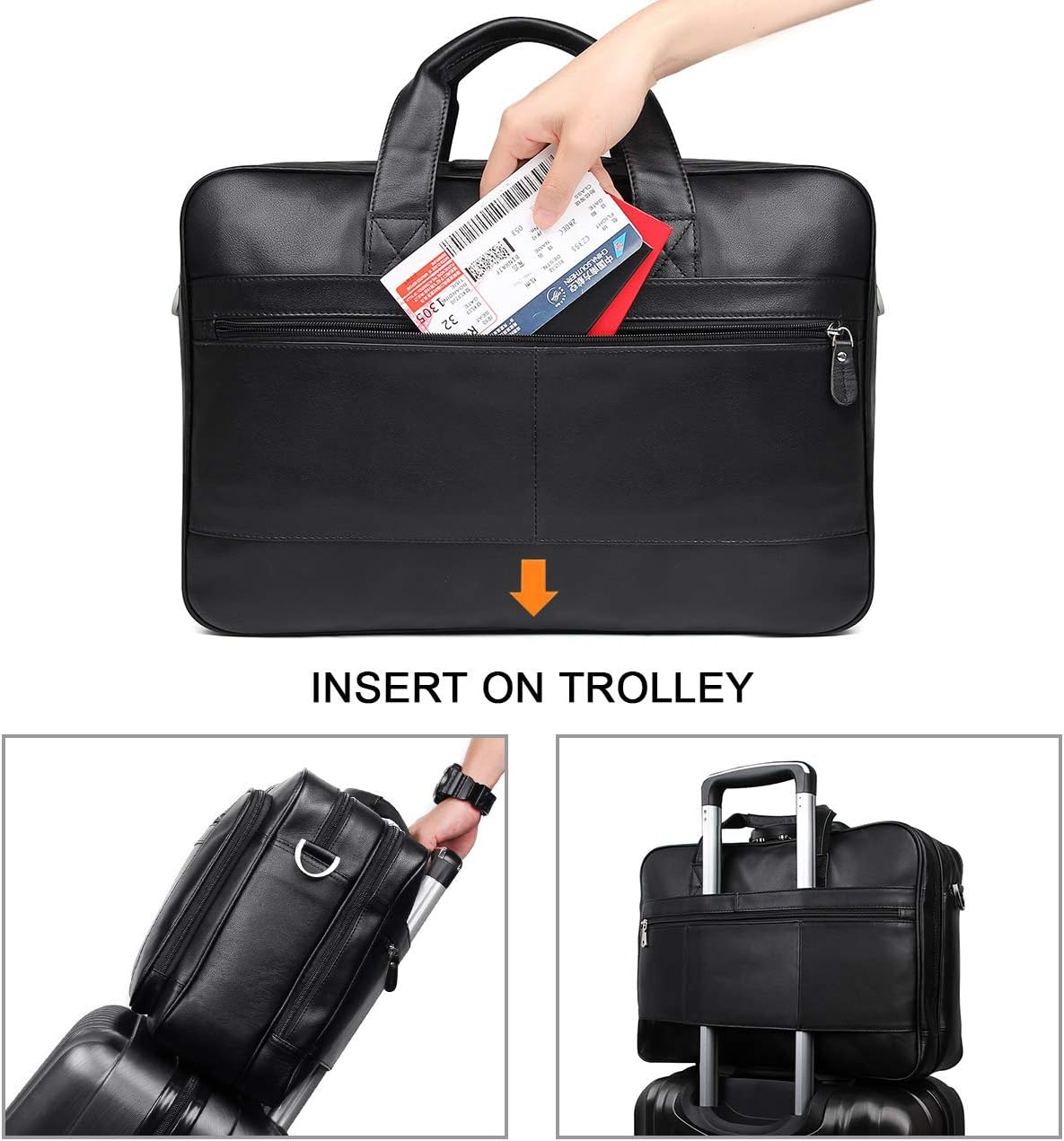 Augus Mens Leather Briefcase Messenger Bag Waterproof Travel Business Duffle Bags for Men 17 Inch Laptop Bag Black YKK Zipper