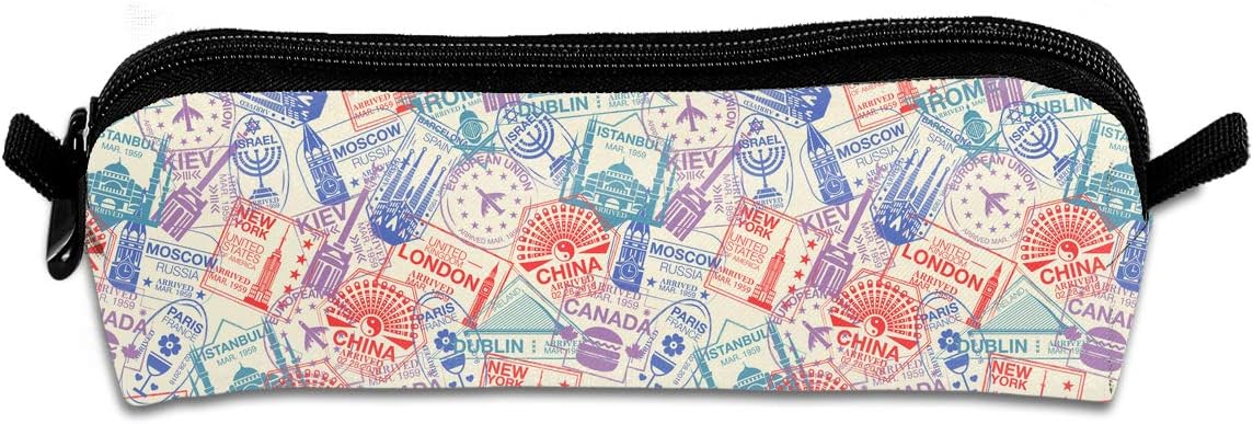 EQAZV World Visa Rubber Stamps On Passport Students Canvas Pencil Case Pen Bag Pouch Stationary Case
