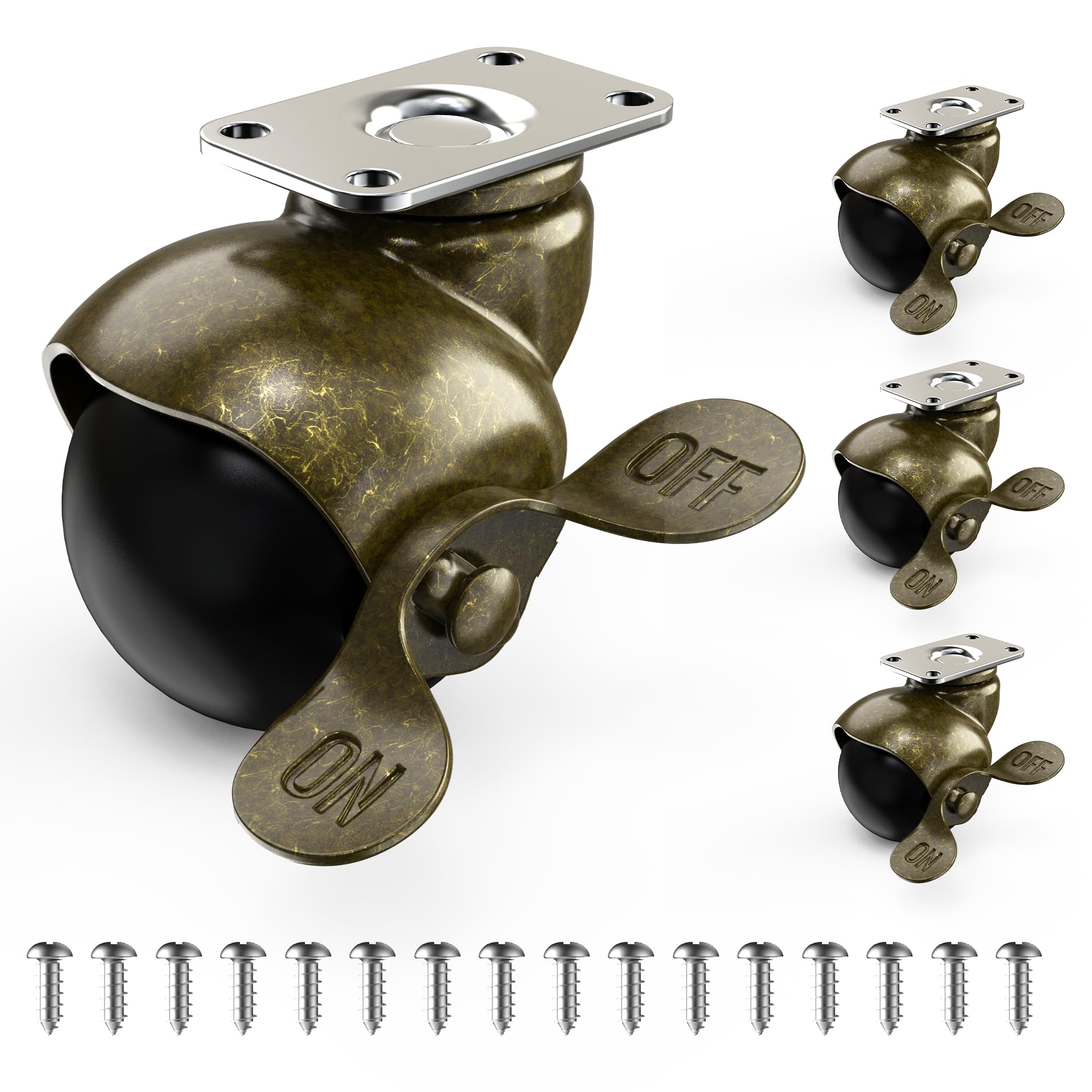 HOLKIE 50mm Ball Castor Wheels with Safety Brake Total Capacity 200kg Brass Antique Furniture Castor Wheels for Furniture