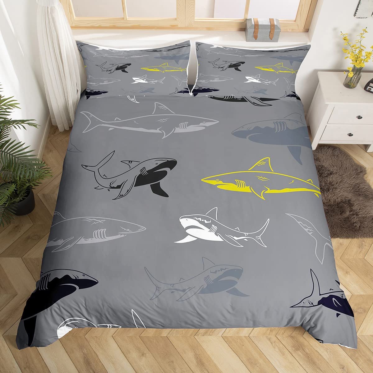 Shark Bedding Set Cartoon Shark Duvet Cover for Kids Boys Girls Shark Illustration Comforter Cover Animal Bedspread Cover Grey Duvet Cover Single Size