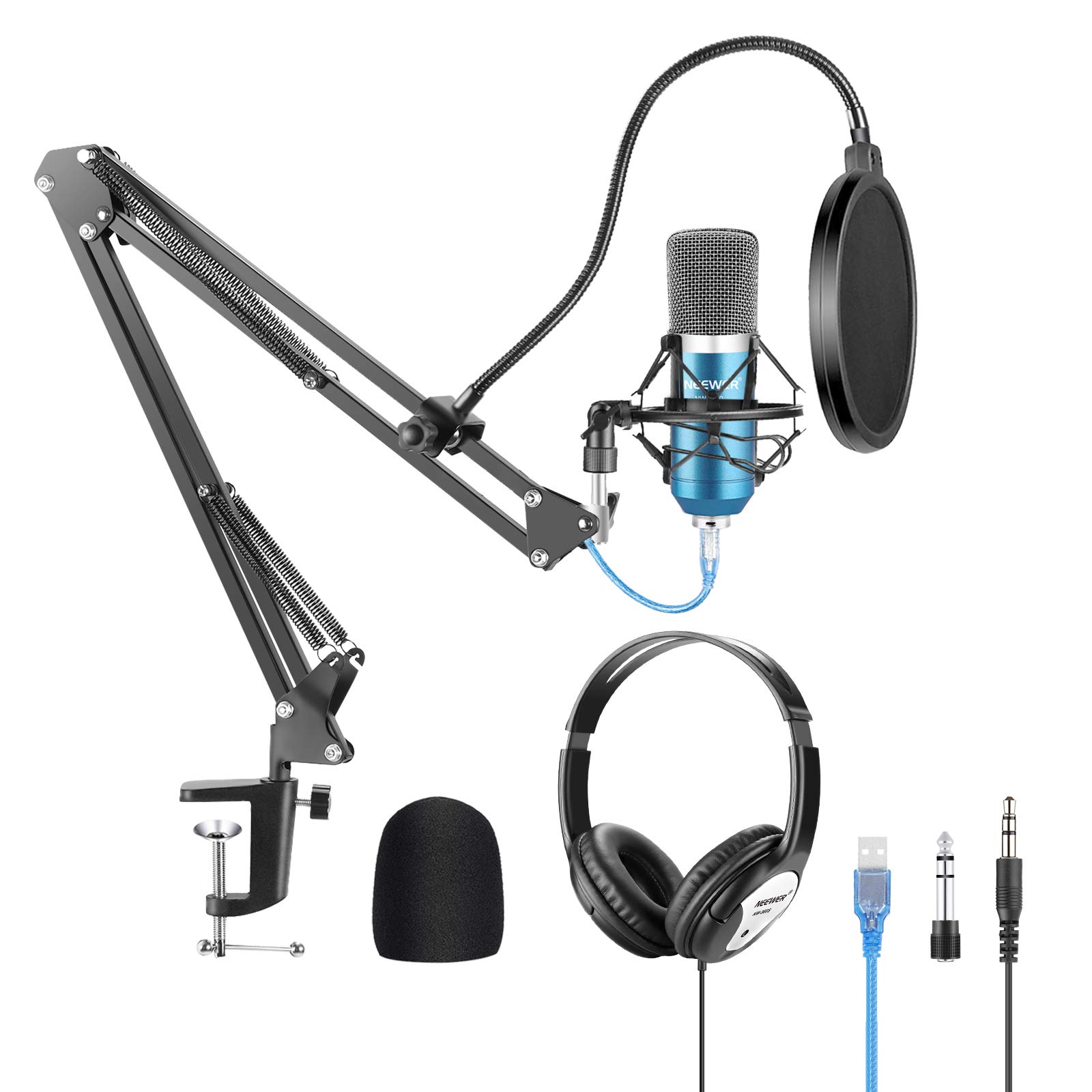 Neewer USB Microphone with Suspension Scissor Arm Stand Shock Mount Monitor Headphone Pop Filter USB Cable and Table Mounting Clamp Kit for Sound Recording(Blue/Silver)