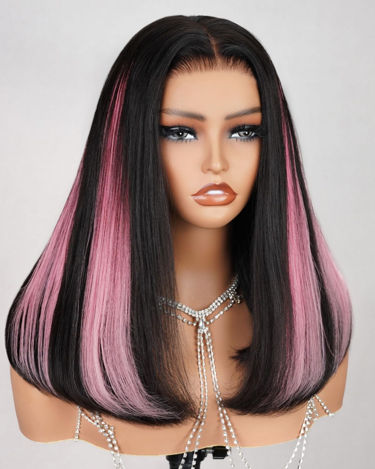 MEGALOOK Salon-Quality Glueless Wig Human Hair Pre Cut 6x5 HD Lace Front Wigs With 4 Pcs 1B/Pink Clip in Extension Pre Plucked Pre Bleached Straight Wig Human Hair for Black Women 18 Inch