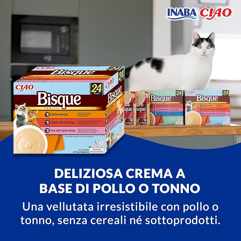 Ciao Bisque, Multipack Pollo, Manzo, Tonno e Salmone, 960g