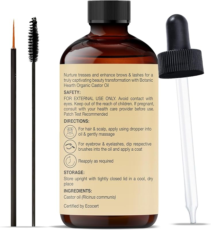 Aceite de ricino | 100% puro y natural, prensado en frío, orgánico | 118,3 ml | Para cabello, pestañas y cejas | Sin hexano | Absorción rápida | Con gotero y aplicadores