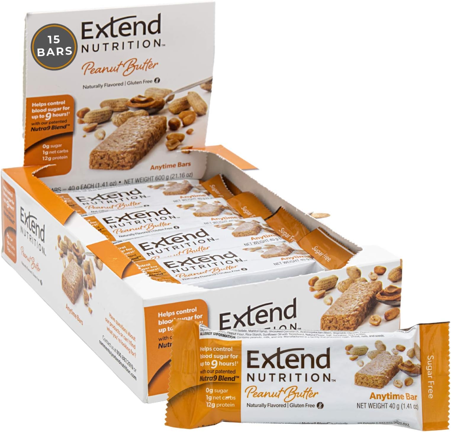 Extend Bar Gluten Free High Fiber Low Net Carb Energy Bars 1.41 Ounce Bars, Peanut Butter, 15 Count