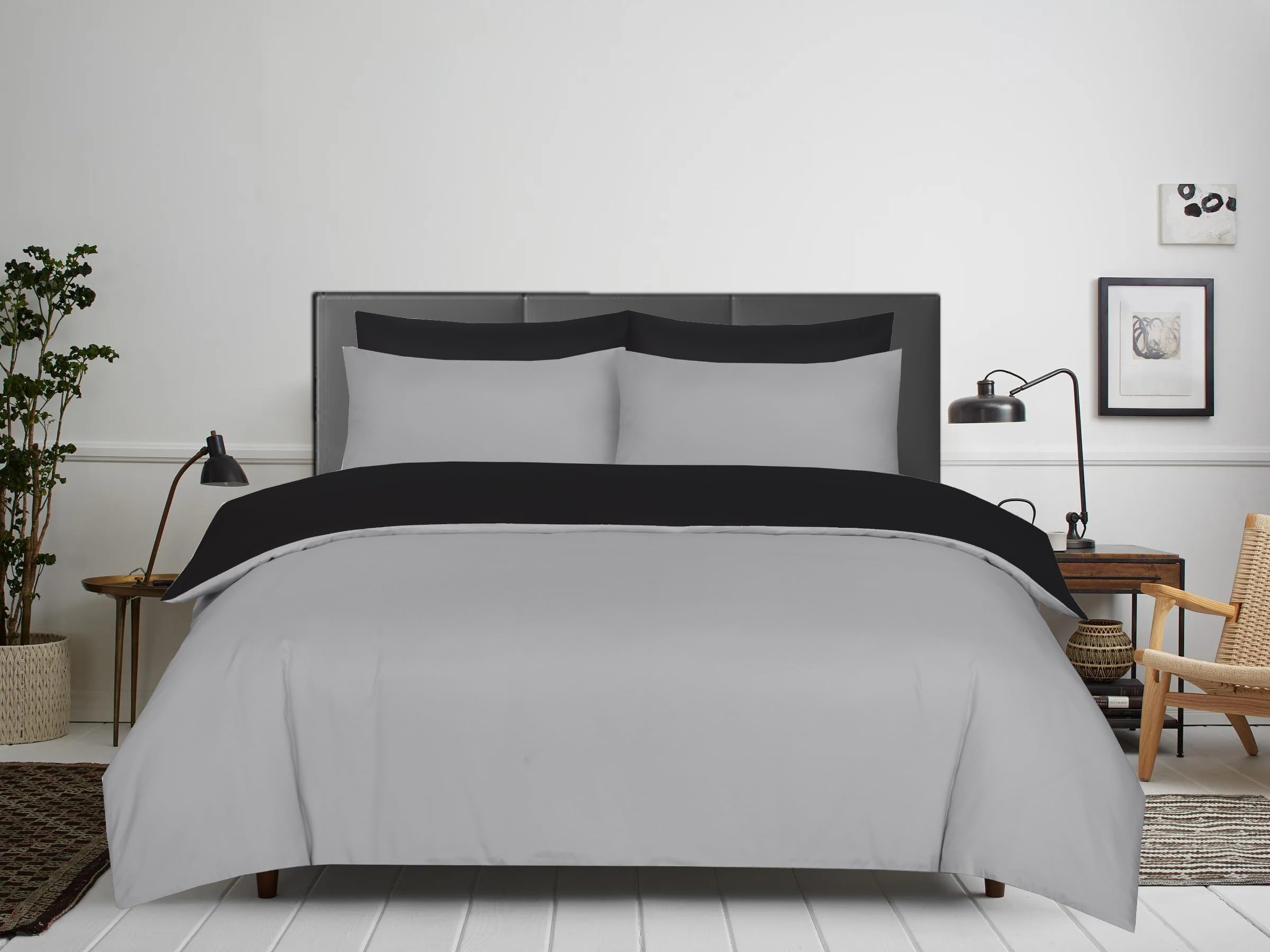 APEX FURNISHINGS Double Duvet Cover Sets - 100% Brushed Microfiber Bedding Quilt Cover with Pillowcases - Grey/Black — image 1