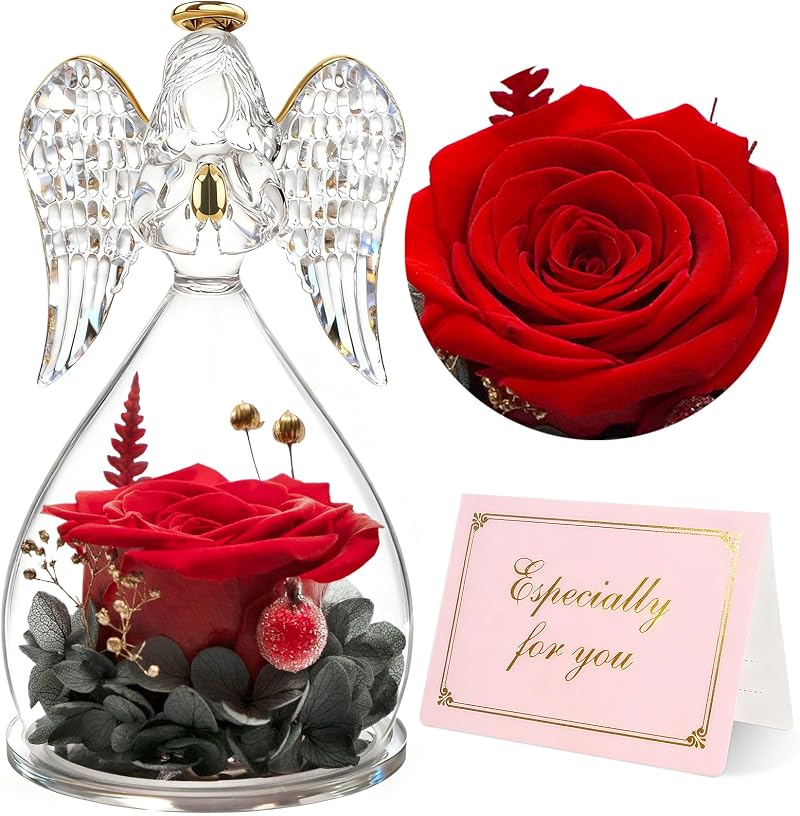 Yamonic Preserved Real Rose in Glass Angel Gift for Mum, Wife, Nana