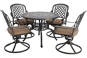 Sumshadow 5-Piece Cast Aluminum Outdoor Patio Dining Set, All Weather Cast Aluminum Outdoor Furniture Dining Set for Patio, Balcony, Garden, Backyard w/4 Swivel Chairs & Cushions, 2.0" Umbrella Hole