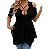 winkbay Women's Plus Size Cold Shoulder T Shirts Peplum Going Out Tops | Cleavage, Criss Cross, Short Sleeve, Asymmetrical Hem, Cut Out Shoulder, Loose Flattering Fit