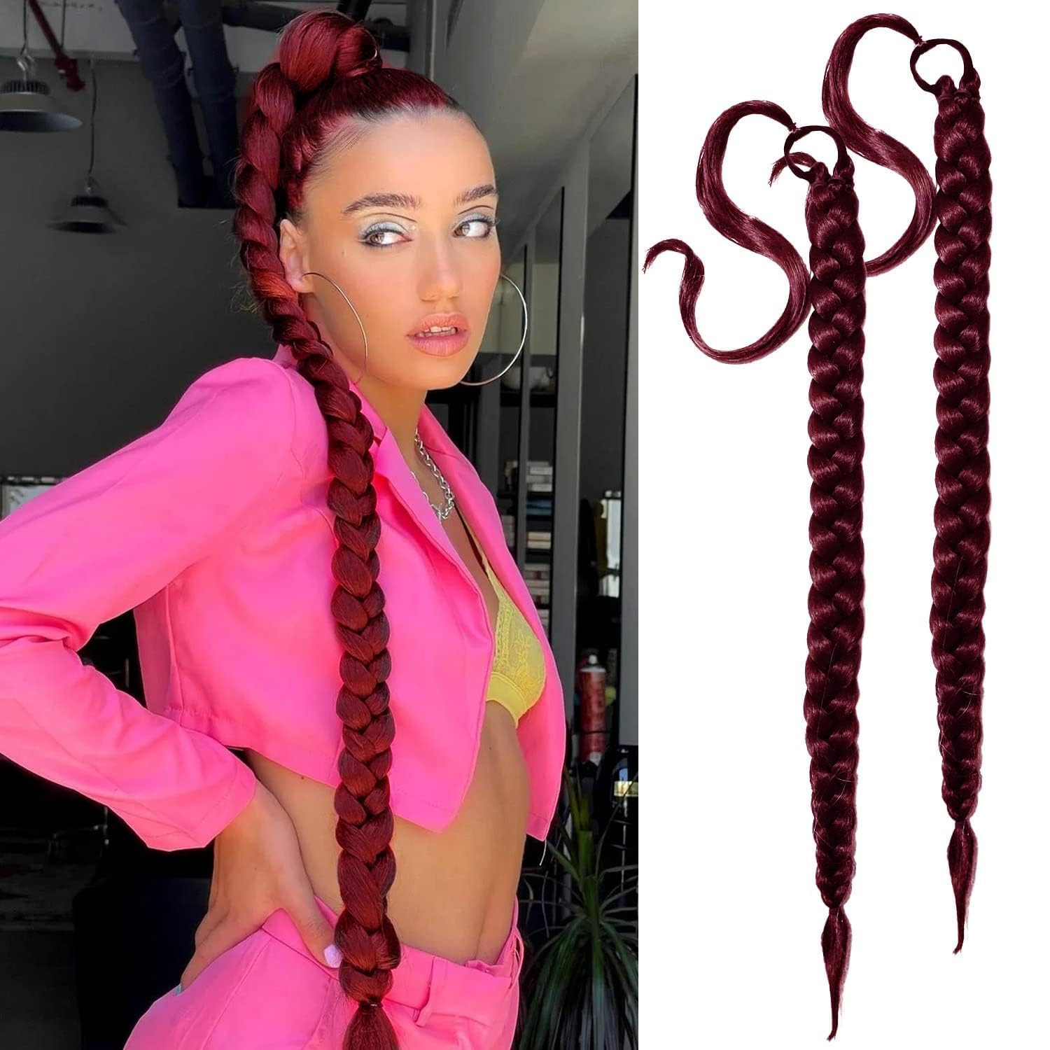 2 Packs Black Long Braided Ponytail Extension For Black Women Soft Synthetic Hair Piece For Women with Hair Tie Straight Wrap Around Ponytail Braided Extensions pre Stretched 30 Inch (bug)