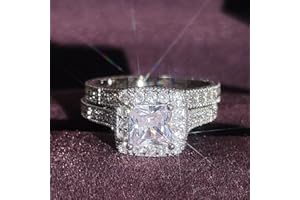 EUJHRTM 925 Sterling Silver Two in one Double-Layer Cubic Zirconia Wedding Ring for Women, Halo Wedding Ring Set, Men's and Women's Titanium Stainless Steel Ring 2-Piece Set Size 9