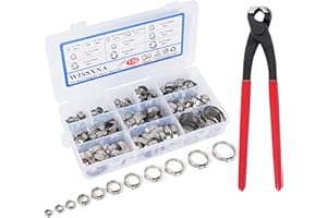 WISSXNA - 130pcs 6-33.1mm 304 Stainless Steel Single Ear 11 Sizes Hose Clamps Assortment with Pincers Tool For Pipe,Plumbing,Automotive,Fuel Lines
