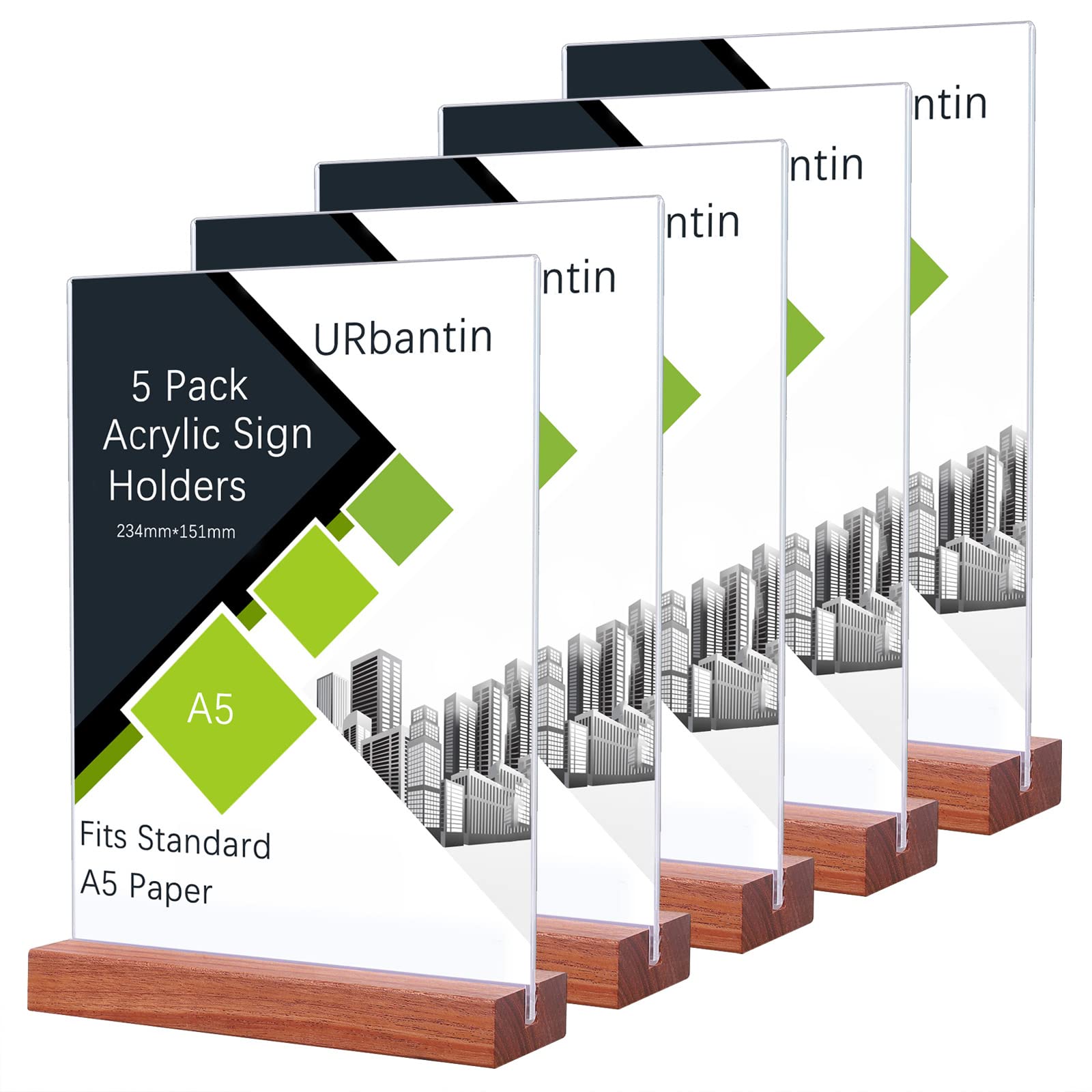 URbantin A5 Acrylic Sign Holder,5 Pack Clear Display Stands Plastic Menu Holders for Restaurant, Hotel, Documents, Office, Shop (Wood Base)