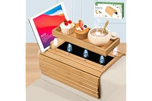 Joy&Grace Couch Arm Tray, 3-in-1 Magnetic Detachable Sofa Arm Table with Phone and Tablet Holder Bamboo Couch Cup Holder, Fol
