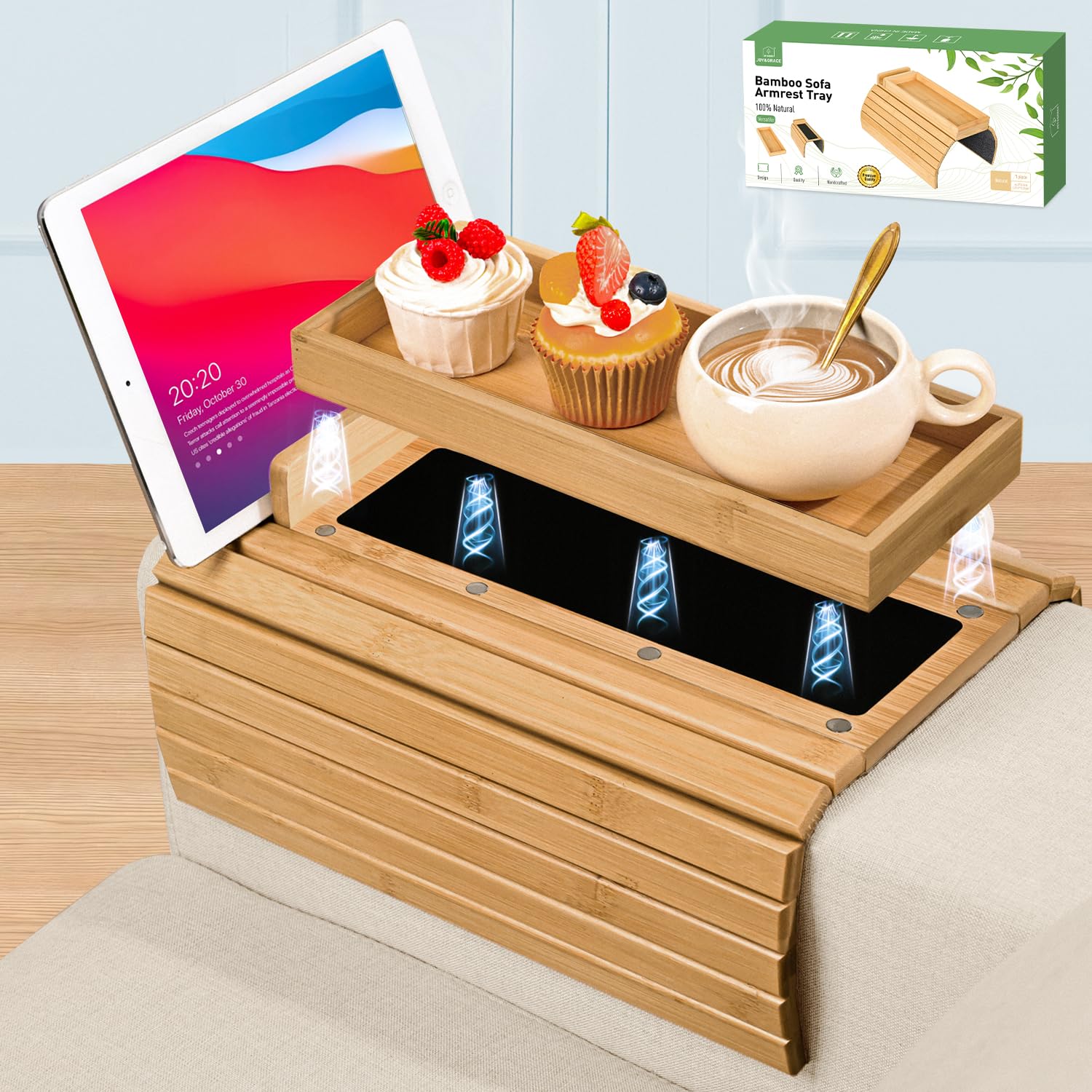 Photo 1 of Joy&Grace Couch Arm Tray, 3-in-1 Magnetic Detachable Sofa Arm Table with Phone and Tablet Holder Bamboo Couch Cup Holder, Foldable Sofa Armrest Tray for Eating, Drinks, Phones (Natural)