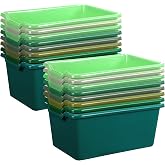 Dandat 16 Pcs Cubby Bins for Classroom Plastic Book Bins,Green Series | Storage Bins for Classroom Library, Plastic Stackable Toy Tubs Containers for School Office Home Nursery Playroom
