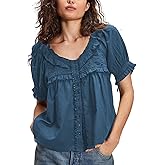 Women Boho Lace Ruffle Trim Shirt Cute Sheer Button Down Peasant Blouse Beachy Flowy Short Sleeve Chiffon Crop Tops