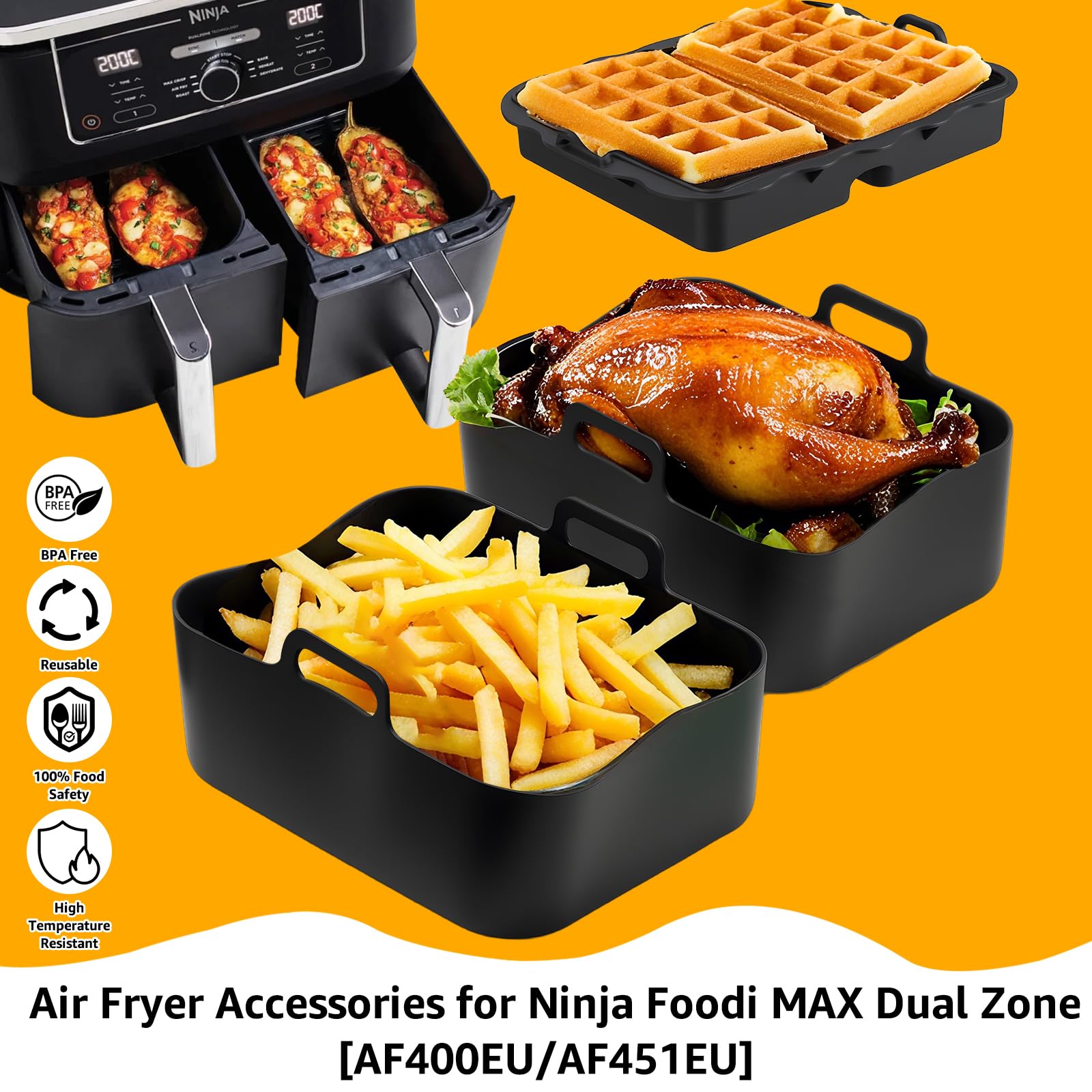 Ninja Heißluftfritteuse Zubehör, Airfryer Zubehör Set für Dual Zone Heißluftfritteuse Ninja AF400EU/AF451EU 9.5L, Airfryer Silikonform Zubehör Set, Waffelbackform, Grillrost, Kastenform 2