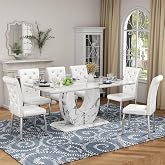 JUFU 63-Inch Faux Marble Dining Table Set for 6, 7-Piece, White Chairs | 63-inch faux marble table with a U-shaped base and 6 white diamond-tufted high-back faux leather chairs.