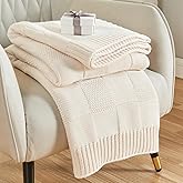 CozeCube Check Knit Throw Blanket, Cream White Checkered Throw for Couch, Decorative Christmas Soft Cozy Warm Knitted Blanket for Bed Sofa Living Room, 60"X80"