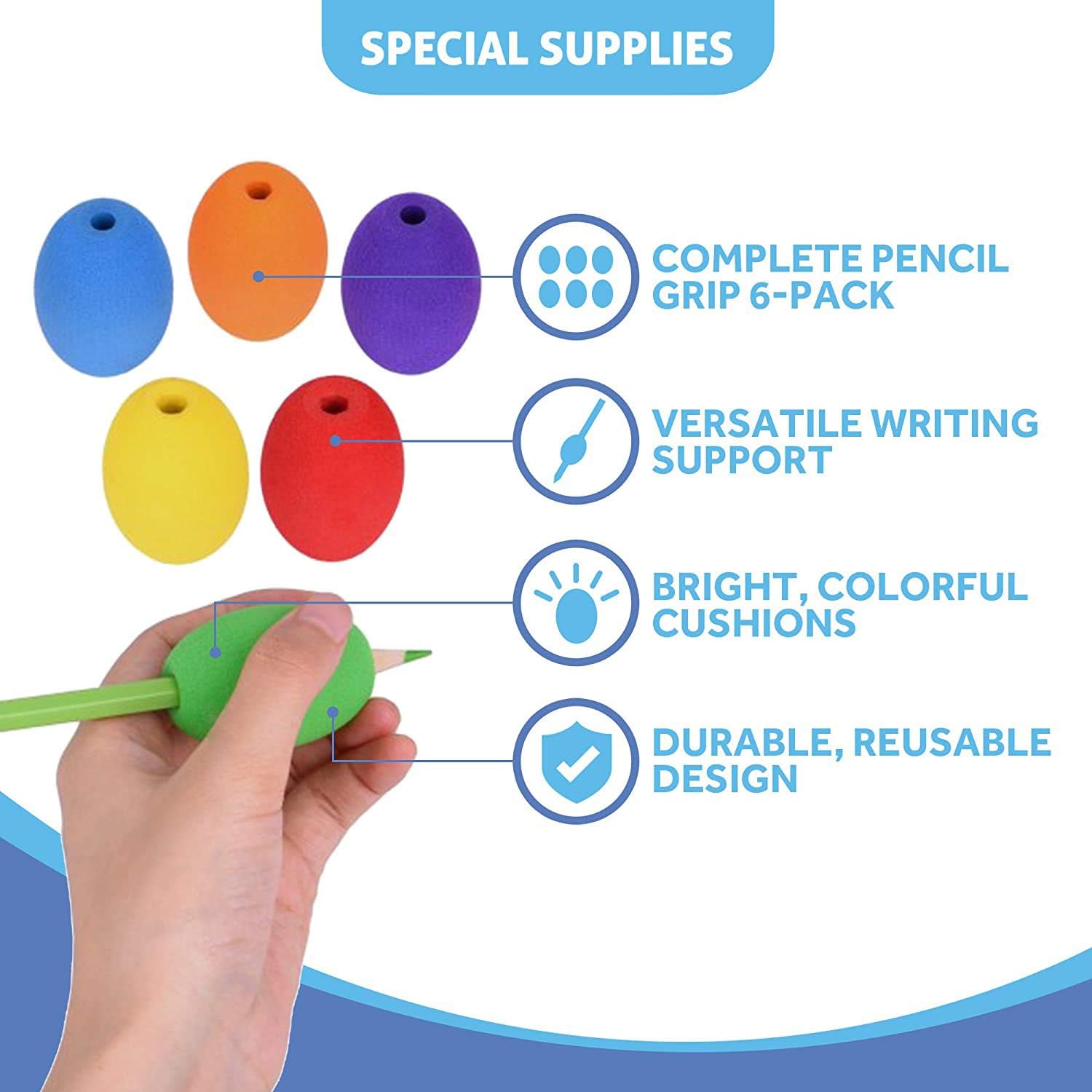 Special Supplies Egg Pencil Grips for Kids and Adults Colorful, Cushioned Holders for Handwriting, Drawing, Coloring - Ergonomic Right or Left-Handed Use - Reusable (6-Pack): Health & Personal Care