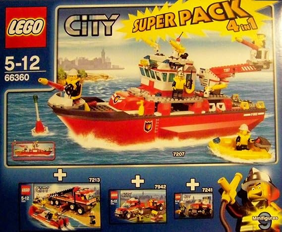 Lego CITY 66360 Feuerwehr Super Pack 4 in 1, Das Set enthält: Lego 7207 Feuerwehrboot + Lego 7213 Feuerwehr-Truck mit Löschbo