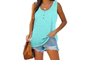 AMOBER Womens Tank Tops Casual Henley Loose Fit Basic Solid Color Casual Tops Summer Sleeveless Button Down Tunics Shirts