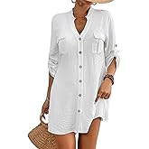 Bsubseach Swimsuit Coverup for Women Long Sleeve Shirt Dress Button Down Bathing Suit Cover Up Top