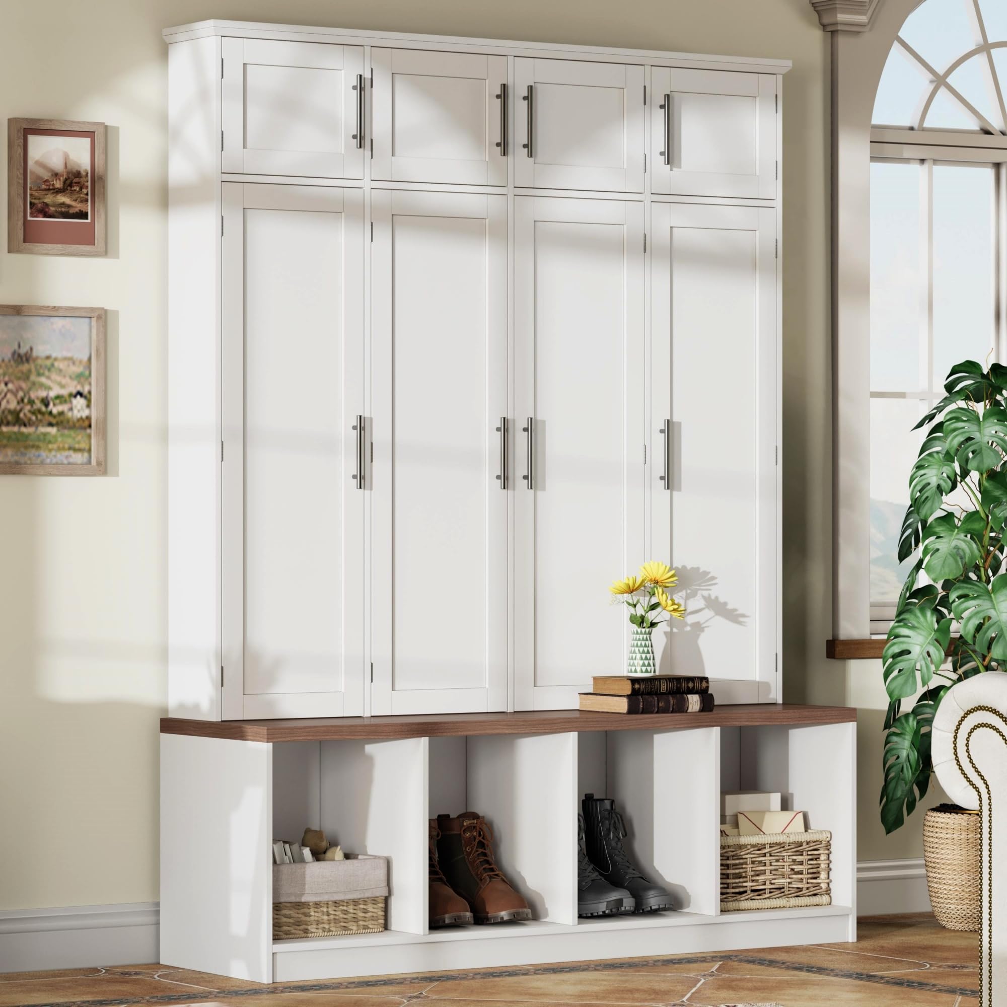 Photo 1 of *** BOX 2 OF 2 ONLY -MISSING PARTS -SELLING AS PARTS ONLY***
  Merax Hall Tree with Entryway Bench and Shoe Storage Compartments, Particle Board Multi-Functional Cabinet with 4 Hanging Hooks, White  ***(BOX RIPPED/TORN)***