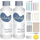 1DFAUL 30Pcs Air Dry Clay Varnish with Sculpting Tools Kit, 2 x 100ml Gloss Matte Clay Glaze for High Luster Scratch Resistant, Waterproof, Pottery Tool kit to Sculpting, Modeling, Shaping