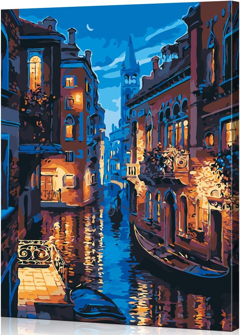 WONZOM Paint by Numbers DIY Acrylic Painting Kit for Adults & Kids – 16x20 Inch Venice Evening with 3 Brushes & Bright Colors Wooden Framed