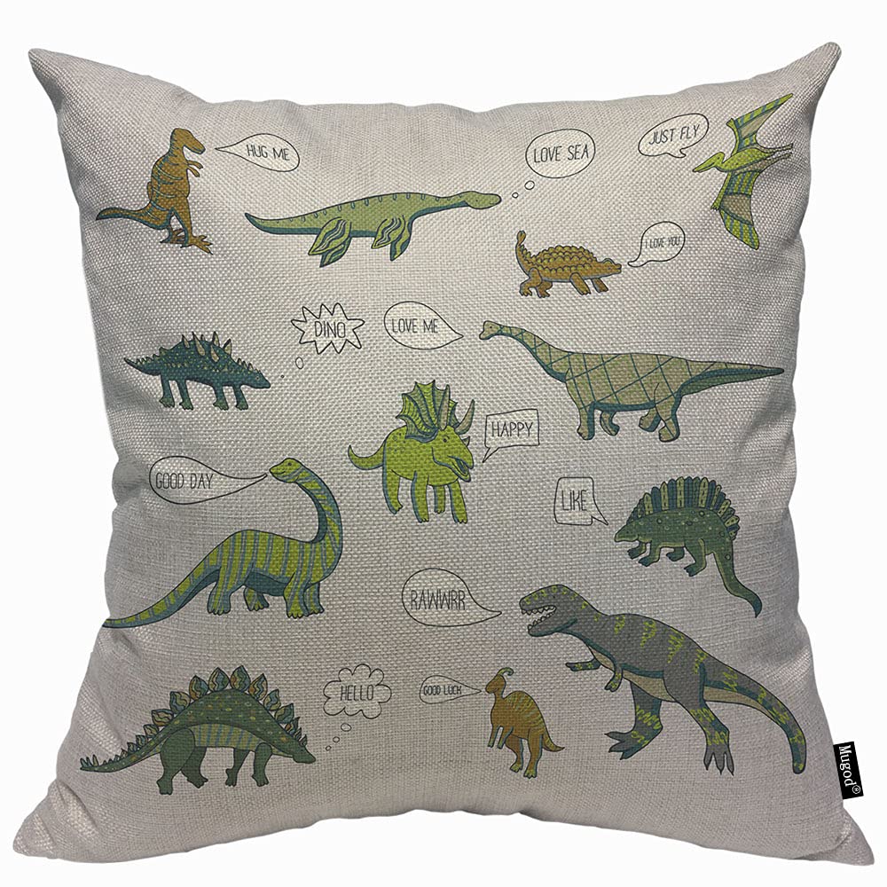 Mugod Green Gray Dinosaur Cushion Cover Throw Pillow Covers Speech Bubble Doodle Cartoon Pillow Case for Men Women Decorative Home Sofa Chair Couch 45x45cm/18x18 Inch