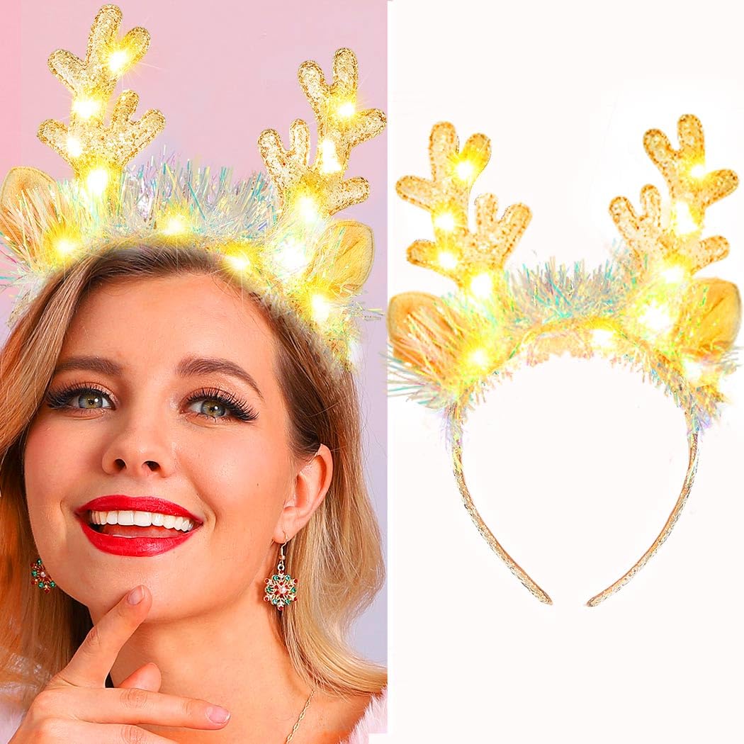 Fashband Christimas Headbands Deer Ears Headband Glitter Headpiece Hair Hoops for adults Christmas(Gold)