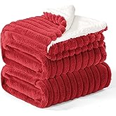 INFIIXSO Sherpa Fleece Queen Size Blanket - Super Soft & Warm Striped Fleece, Cozy Plush Fluffy Large Bed Blanket All Season Use (Red, 90x90 Inches)
