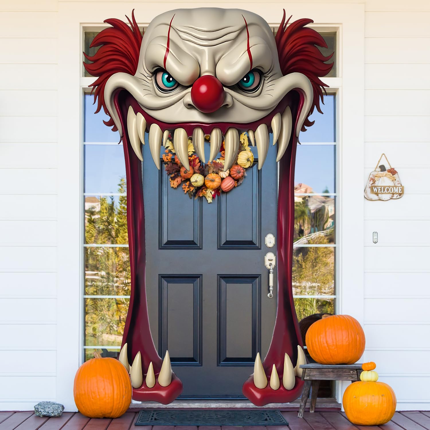 Photo 1 of Halloween Door Banner Cover 8.5 x 5.2 ft - Scary Clown Banner Porch Sign, Halloween Indoor Outdoor Decorations Party Supplies