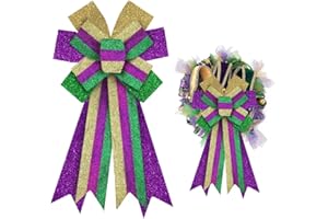 ALIBBON Large Mardi Gras Bows for Wreaths, Mardi Gras Wreath Bows, Glitter Purple Green Gold Bows, Stripe Bows for Front Door, Mardi Gras Decorations Bows for Mardi Gras Carnival Indoor Outdoor Decor