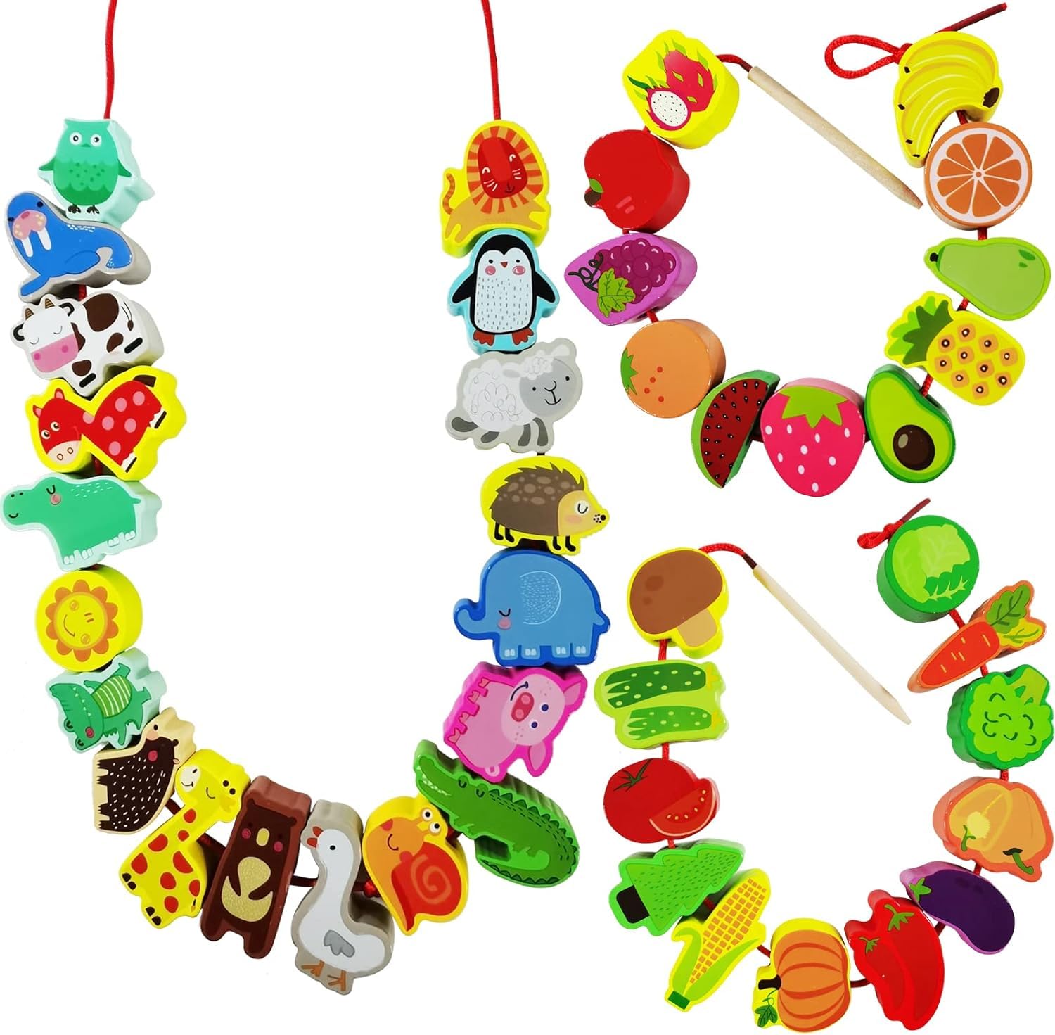 ausurme 46Pcs Wooden Animals Fruits Vegetables String Threading Beads,Include 42Wooden Lacing Beads 4String Ropes,Montessori Toddler Preschool Activities Lacing Toys for Toddlers 3 4 5 6 Year Old