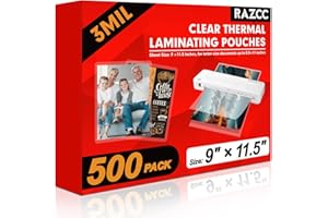 RAZCC Laminating Sheets, 500 Pack Clear Thermal Laminating Plastic Paper Laminator Sheets, 9 x 11.5-Inch, 3mil, Ideal Office or School Supplies