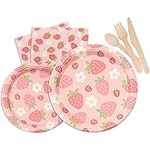 ColorOrca Strawberry Party Tableware Set – Berry First Birthday Decorations Supplies Kit, Includes Plates, Napkins & Wooden Cutlery, For Girls Sweet One Birthday Party | 20 Guests