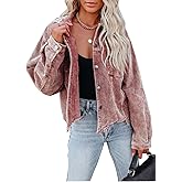LCRRRN Womens Cropped Corduroy Jacket Casual Button Down Shacket Coat Fringe with Frayed Hem