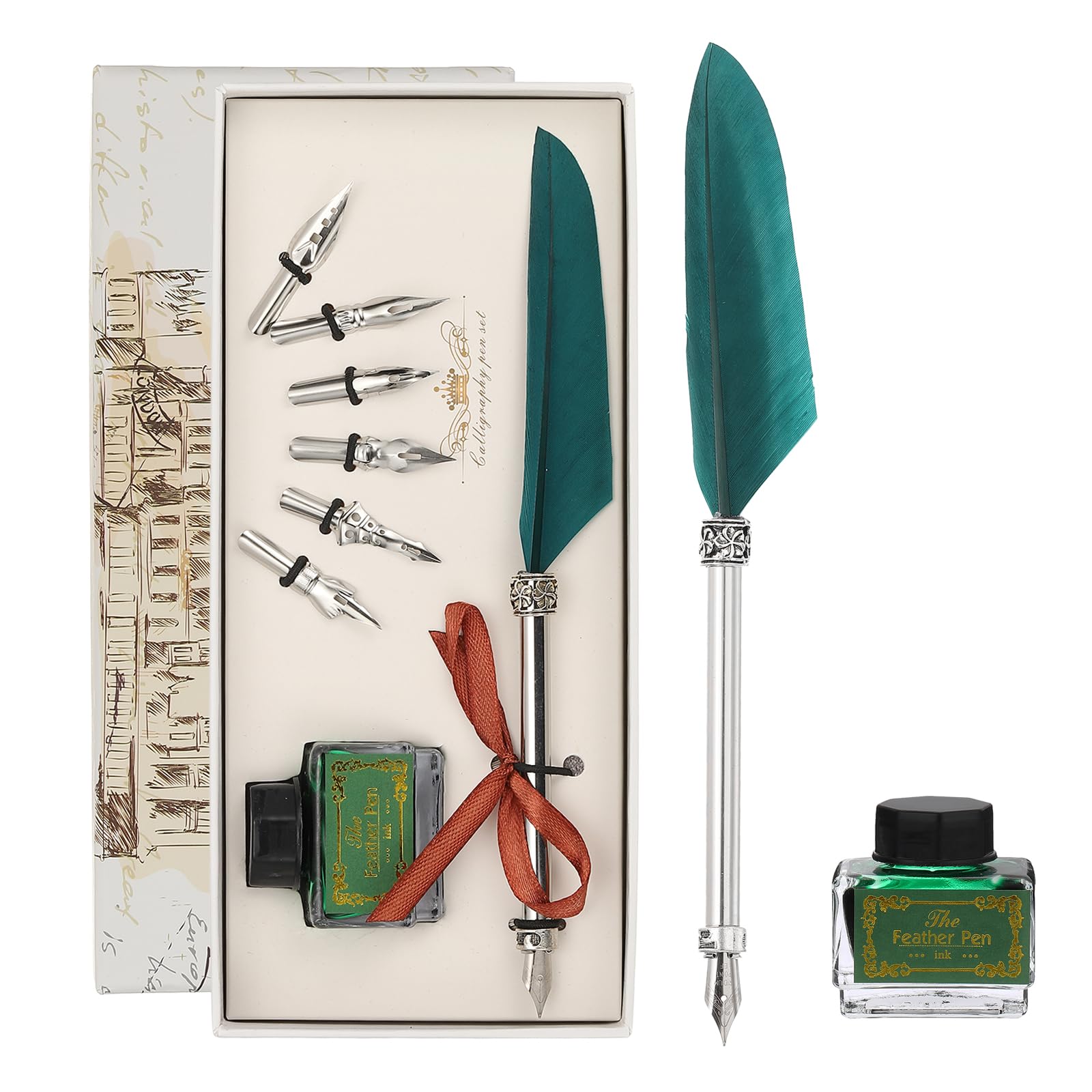 PATIKIL 21.5cm/8.5" Carved Feather Pen Set, Vintage Quill Pen with Ink Set 6 Replacement Nibs for Calligraphy Writing Office Dip Pen Wedding Gifts, Dark Green