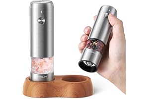 FORLIM Mini Electric Salt and Pepper Grinder Set with Wood Base, USB Rechargeable, Small Automatic Salt Pepper Mill Grinder, Travel/Outdoor BBQ/Children, One-Button Control (2 Packs, Stainless Steel)