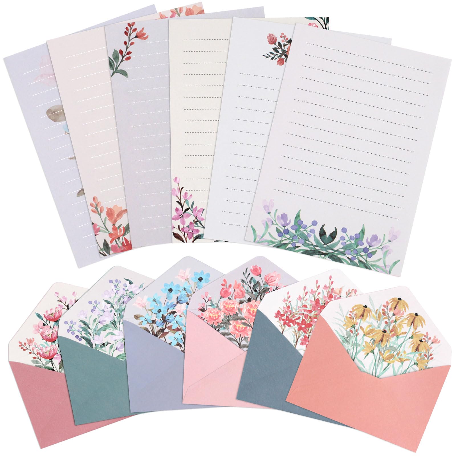 KSIWRE 36 PCS Writing Paper and Envelopes Set,Warm Floral Themed Stationary Set for Wedding Invitations Wishes,24 Lined Stationery Paper with 12 Envelops