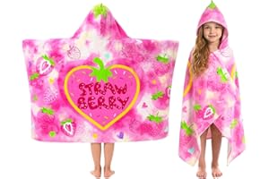 Pinksheep Hooded Bath Towel for Girls Age 3-10,100% Cotton Strawberry Toddler Towel with Snap Buttons,Super Soft and Absorben
