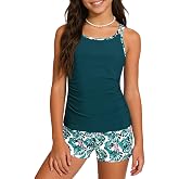 Bupekbee Girls Tankini Swimsuit 2 Piece Bathing Suits for Girls Sporty High Waist Printed Swim Tank Top with Shorts for 9-16Y