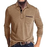 Mens Fashion Polo Shirts Cotton Classic Long Sleeve Thermal Button Shirt with Pocket