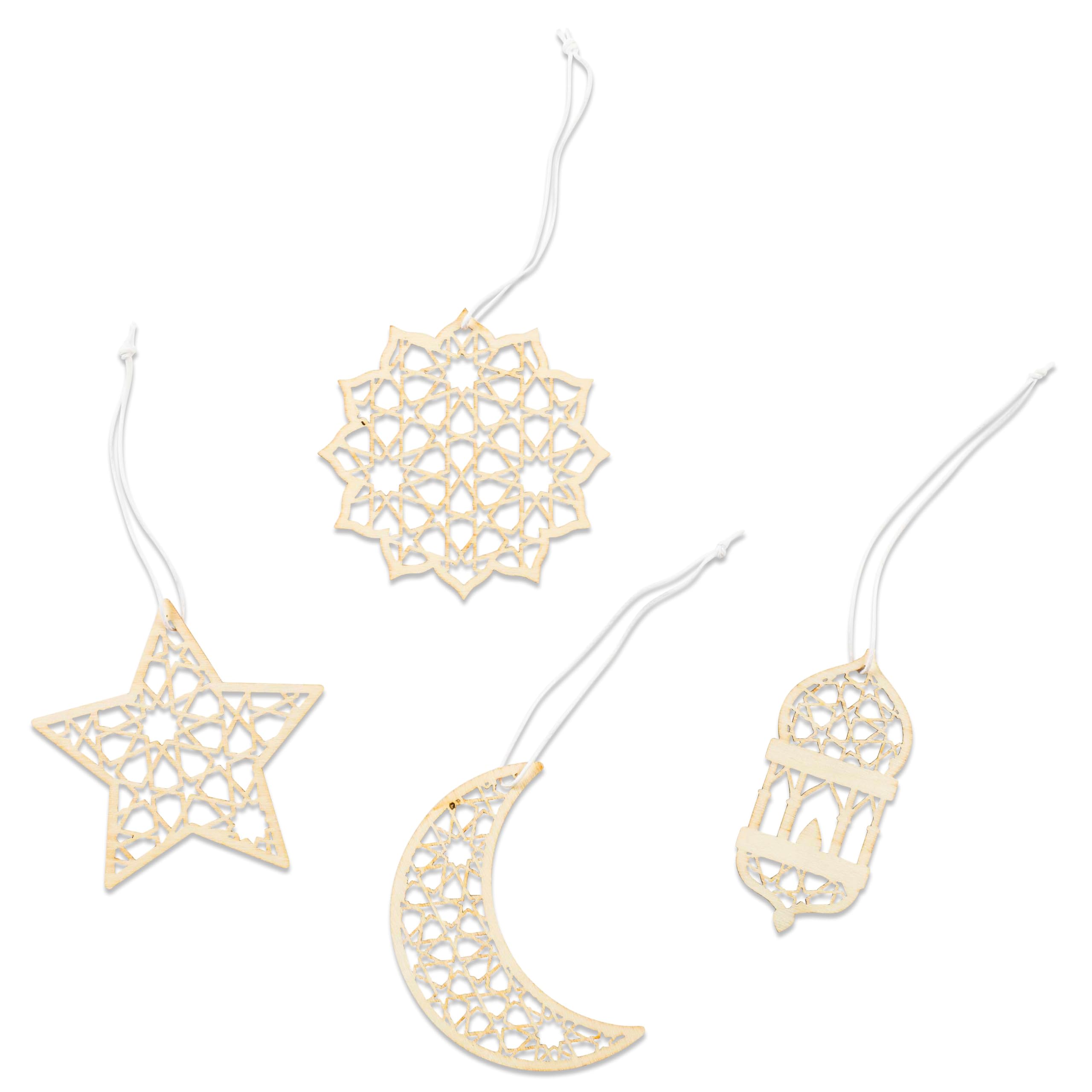 12 Wooden Ramadan Pendants, Decoration Eid Mubarak, Decorative Sugar Festival for Hanging, Natural Brown, 7 x 7 cm, 4 Different Designs, 3 of Each