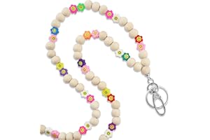 MyfavoriteK Smile Teacher Lanyard for Women for id badges and Keys Cute Happy Face Wood Beaded Lanyard for Teacher Nurse Work