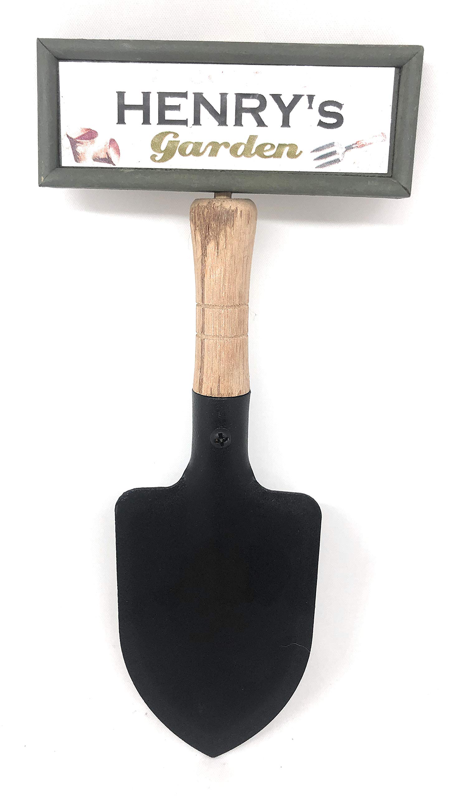 "Welcome to Henry's garden" hanging shovel sign